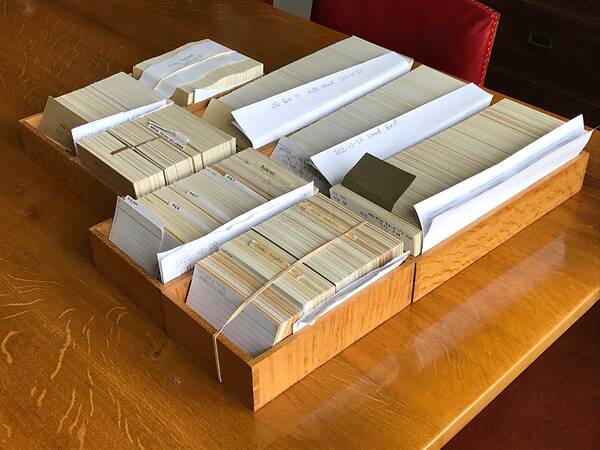 [PHOTO: Handmade wooden trays of card-index cards: 44kB]