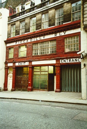 [PHOTO: Main frontage of disused tube station: 66kB]