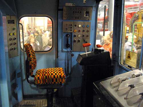 [PHOTO: interior of 1983 tube stock cab (115kB)]
